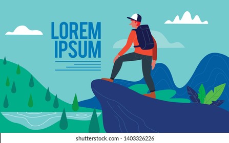 Discovery, exploration, hiking, adventure tourism and travel. Human people with backpack. Explorer or traveller standing on top of mountain. Flat vector illustration style