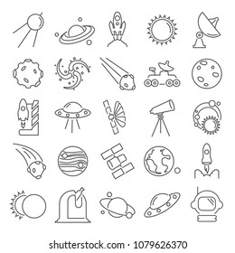 The discovery and exploration of space line icons set