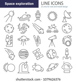The discovery and exploration of space line icons set
