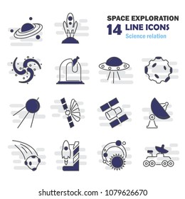 The discovery and exploration of space line icons set