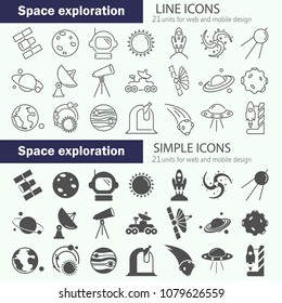 The discovery and exploration of space line and simple icons set