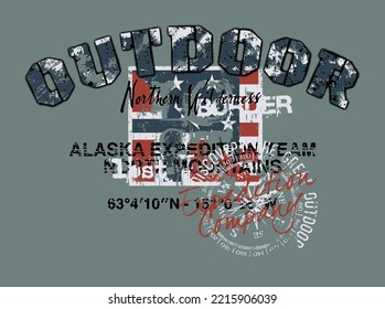 Discovery the great outdoor northern wilderness adventure expedition grunge vector print for boy kid man t shirt sweatshirt