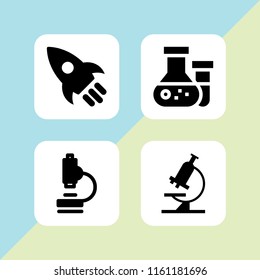 discovery icon. 4 discovery set with rocket, research, lab and microscope vector icons for web and mobile app