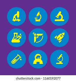 discovery icon. 9 discovery set with rocket, research, compass and test tube vector icons for web and mobile app