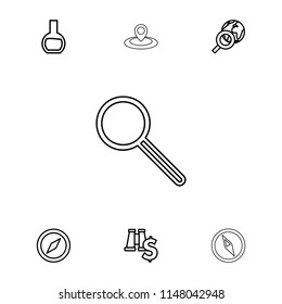 Discovery icon. collection of 7 discovery outline icons such as compass, globe search, binoculars with dollar sign, test tube. editable discovery icons for web and mobile.