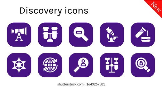 discovery icon set. 10 filled discovery icons. Included Telescope, Test tube, Zoom out, Microscope, Graphene, Worldwide, Search, Chemistry icons