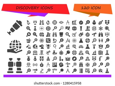  discovery icon set. 120 filled discovery icons. Simple modern icons about  - Spyglass, Binoculars, Worldwide, Microscope, Test tube, Wind rose, Vision, Compass, Search, Flask
