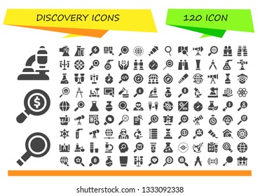 discovery icon set. 120 filled discovery icons.  Simple modern icons about  - Microscope, Magnifying glass, Search, Flask, Loupe, Worldwide, Spyglass, Zoom, Telescope, Binoculars