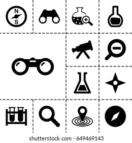 Discovery Icon. Set Of 13 Filled Discoveryicons Such As Map Location, Test Tube, Binoculars, Test Tube Search, Search, Zoom Out, Compass