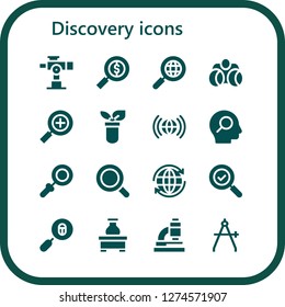  discovery icon set. 16 filled discovery icons. Simple modern icons about  - Telescope, Search, Binoculars, Test tube, Worldwide, Magnifying glass, Loupe, Flask, Microscope, Compass