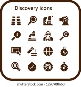  discovery icon set. 16 filled discovery icons. Simple modern icons about  - Binoculars, Magnifying glass, Microscope, Flask, Search, Bodyguard, Test tube, Worldwide, Compass