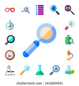 discovery icon set. 17 flat discovery icons.  Collection Of - binoculars, compass, search, magnifying glass, inspection, microscope, spacing, flask