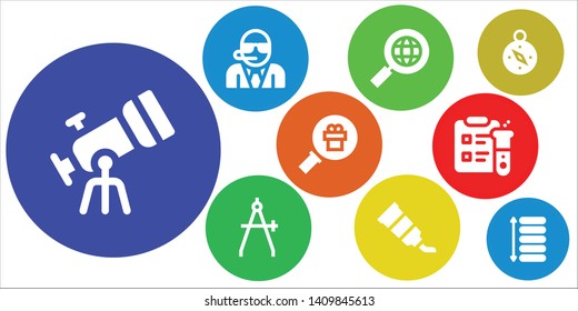 discovery icon set. 9 filled discovery icons.  Simple modern icons about  - Telescope, Bodyguard, Search, Compass, Tube, Magnifying glass, Science, Spacing