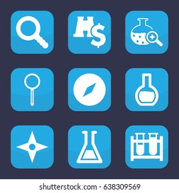 Discovery icon. set of 9 filled discovery icons such as test tube, magnifier, test tube search, search, compass