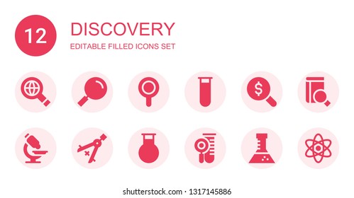 discovery icon set. Collection of 12 filled discovery icons included Searching, Search, Magnifier, Test tube, Magnifying glass, Microscope, Compass, Flask, Science