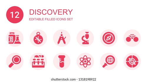discovery icon set. Collection of 12 filled discovery icons included Flask, Compass, Microscope, Find, Test tube, Science, Search, Binoculars