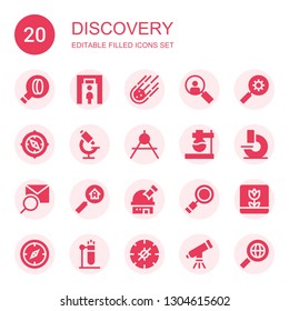discovery icon set. Collection of 20 filled discovery icons included Search, Metal detector, Meteorite, Loupe, Compass, Microscope, Flask, Observatory, Macro, Test tube, Telescope