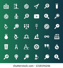 discovery icon set. Collection of 36 filled discovery icons included Magnifying glass, Search, Microscope, Find, Magnifier, Compass, Binoculars, Glass, Test tube, Tube, Flask