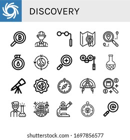 discovery icon set. Collection of Black hole, Search, Archaeologist, Binoculars, Compass, Chemistry, Telescope, Nanotechnology, Chemist, Space colonization, Microscope icons
