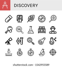 discovery icon set. Collection of Compass, Test tube, Trench coat, Experimentation, Zoom in, Blood test, Search, Flask, Explorer, Telescope, Chemistry, Galleon, Microscope icons