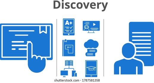discovery icon set. included cloud library, ereader, study, instructor, school, touchscreen, enter icons. filled styles.