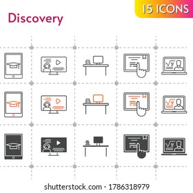 conjunto de iconos de descubrimiento. incluye profesor, escritorio, instructor, iconos de pantalla táctil sobre fondo blanco. estilos lineales, bicolores, rellenos.
