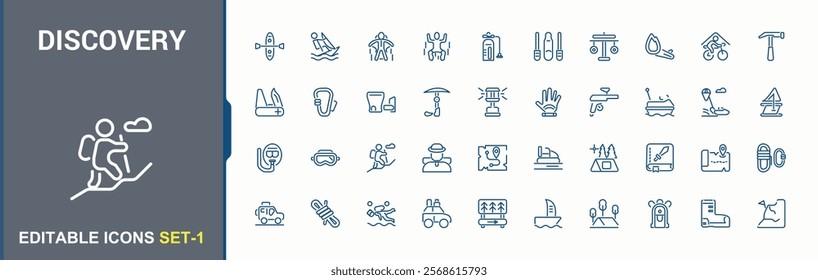 Discovery icon set. Includes icons for camp, quest, binoculars, hiking, voyage, mountains, collection and more. Minimalistic icons. Editable vector stroke.