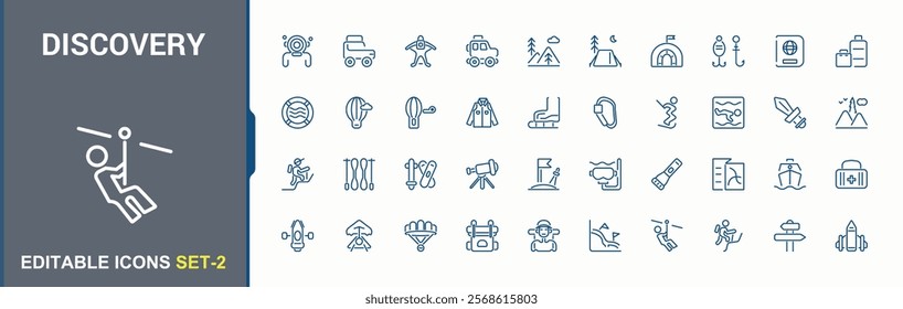 Discovery icon set. Includes icons for camp, quest, binoculars, hiking, voyage, mountains, collection and more. Minimalistic icons. Editable vector stroke.