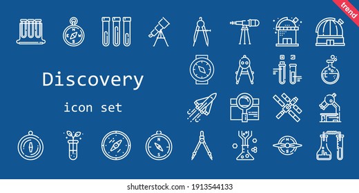 Discovery-Symbol-Set. Zeilensymbol-Stil. Entdeckungssymbole wie Beobachtungs-, Such-, Prüf-, Prüf-, Prüfröhren-, Kompass-, Kolben-, Raumfähre-, Teleskop-, Mikroskop- und Raumstation
