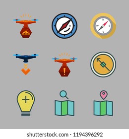 discovery icon set. vector set about map, light bulb, drone and compass icons set.