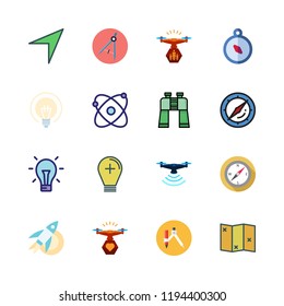 discovery icon set. vector set about atomic, compass, idea and light bulb icons set.