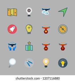 discovery icon set. vector set about magnifying glass, drone, light bulb and rocket ship icons set.