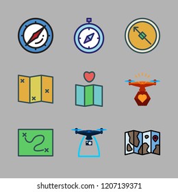 discovery icon set. vector set about map, drone and compass icons set.