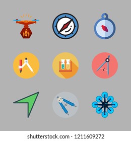 discovery icon set. vector set about drone, test tubes and compass icons set.