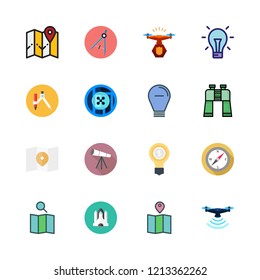 discovery icon set. vector set about idea, binoculars, compass and drone icons set.