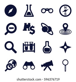 discovery icons set. Set of 16 discovery filled icons such as map location, test tube, binoculars, magnifier, search, zoom out, compass, globe search