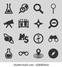 Discovery icons set. set of 16 discovery filled icons such as map location, test tube, binoculars, magnifier, search, zoom out, compass, globe search