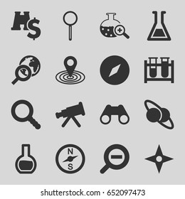 Discovery icons set. set of 16 discovery filled icons such as map location, test tube, binoculars, magnifier, test tube search, search, zoom out, compass, globe search