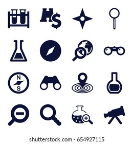 Discovery icons set. set of 16 discovery filled icons such as map location, test tube, binoculars, magnifier, test tube search, search, zoom out, compass, globe search