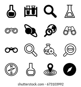 Discovery icons set. set of 16 discovery filled and outline icons such as map location, test tube, search, binoculars, globe search, planet and satellite, test tube search