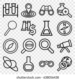 Discovery icons set. set of 16 discovery outline icons such as map location, test tube, binoculars, magnifier, test tube search, search, zoom out, telescope, compass