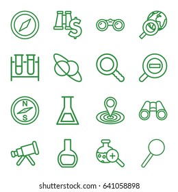 Discovery icons set. set of 16 discovery outline icons such as map location, test tube, binoculars, magnifier, test tube search, search, zoom out, telescope, compass