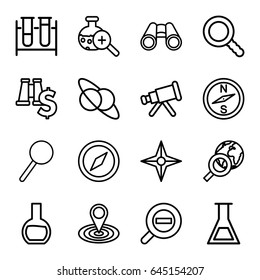 Discovery icons set. set of 16 discovery outline icons such as map location, test tube, binoculars, magnifier, test tube search, search, zoom out, compass, telescope