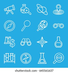 Discovery icons set. set of 16 discovery outline icons such as map location, test tube, binoculars, magnifier, test tube search, zoom out, compass, telescope