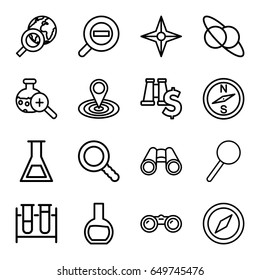 Discovery icons set. set of 16 discovery outline icons such as map location, test tube, binoculars, magnifier, test tube search, search, zoom out, compass