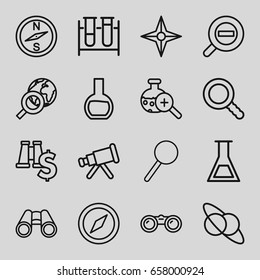 Discovery icons set. set of 16 discovery outline icons such as test tube, binoculars, magnifier, test tube search, search, zoom out, compass, telescope, planet and satellite