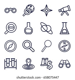 Discovery icons set. set of 16 discovery outline icons such as map location, test tube, binoculars, magnifier, search, zoom out, compass, telescope, planet and satellite