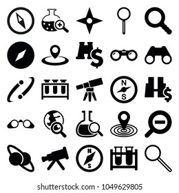 Discovery icons. set of 25 editable filled discovery icons such as map location, telescope, compass, test tube, planet and satellite, binoculars with dollar sign, binoculars