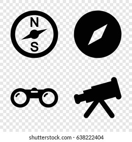 Discovery icons set. set of 4 discovery filled icons such as binoculars, compass