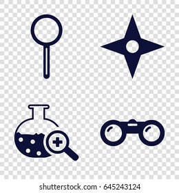 Discovery icons set. set of 4 discovery filled icons such as magnifier, test tube search, compass